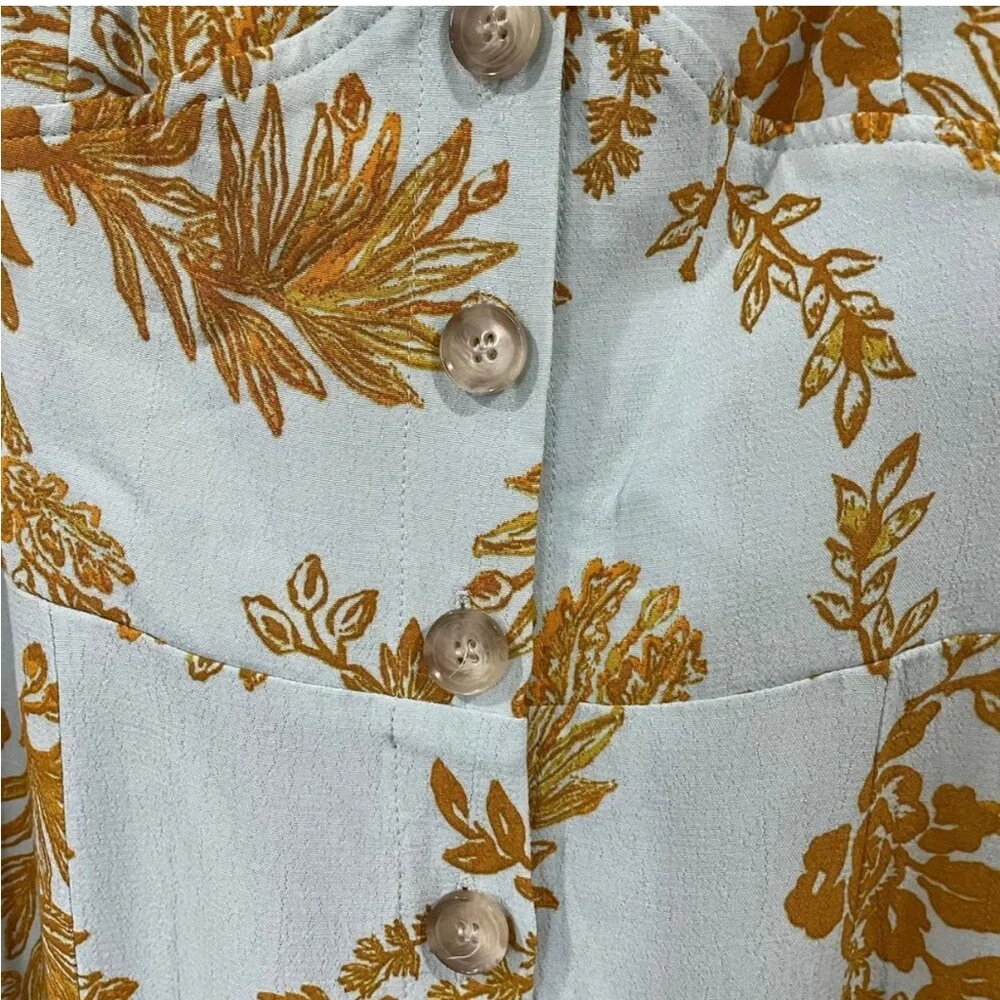 Free People Be The One Floral Wide Leg Ruffle Mint Blue Gold Jumpsuit Size 6 - Picture 5 of 7